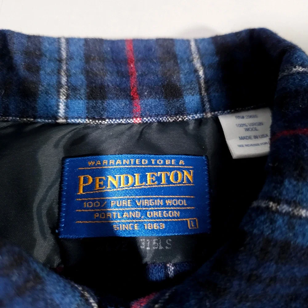 Pendleton Flannel Shirt Mens L Blue Plaid Wool  Tartan Made in USA Loop Collar‎